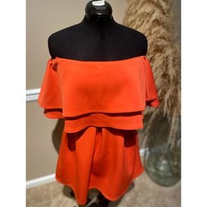 ASOS Red Orange Off Shoulder Ruffle Neoprene Mini Dress Size 6